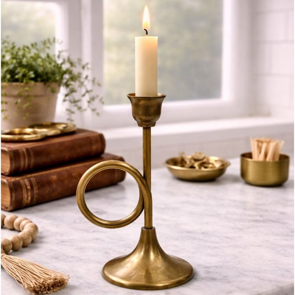 Vintage Brass Taper Candle Holder With Handle Trumpet Candlestick Cottagecore Ro